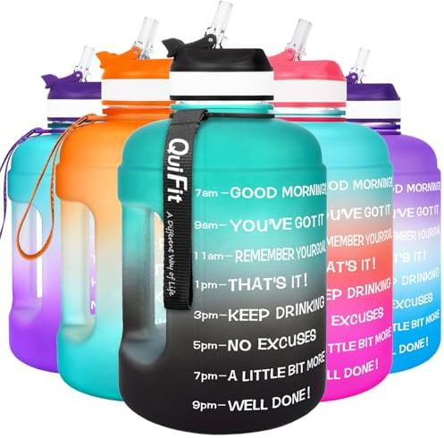 QuiFit 2.2 Litre Motivational Water Bottle - with Straw & Time Marker,Wide Mouth,BPA Free,Reusable,Ideal for Gym,Outdoor Sport,Home & Office (Green-Black, 2.2 Liter)