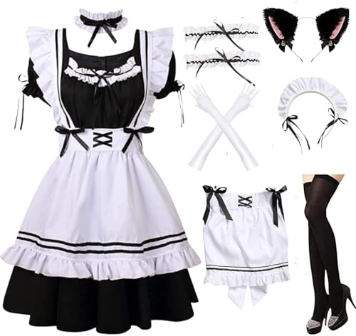 maxToonrain Costume de soubrette pour femmes – Robe française en cœur – Cadeau de Saint-Valentin – Tenue de soubrette avec tablier, gants, chaussettes pour femmes et filles (noir, M)