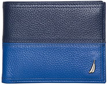 Nautica Mens Two-Tone Bifold Leather Wallet | RFID Blocking Protection | ID Window | 4 Card Slots | 2 Slip Pockets | Removeable Passcase |Organization | Durable | Stylish - Black/Cognac