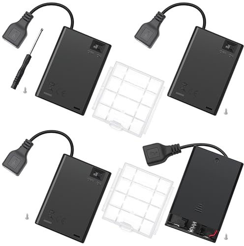 4 Stycken 3 AA Batterihållare med USB Honkontakt, KUOQIY 3x 1.5V 4.5V AA Batterihållare med ON/OFF-Brytare och Lock, med Cell Batteri Förvaringsfodral Hållare Låda & Skruvmejslar & Skruvar