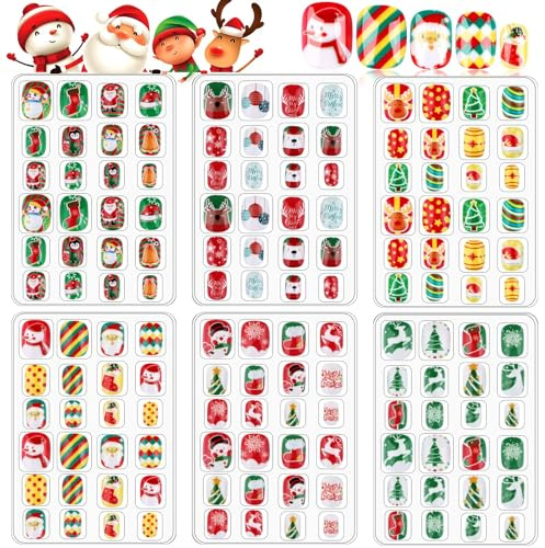 EBANKU 6 pièces Noël Enfants Faux Ongles avec Autocollants Adhésifs | Couverture ère Noël Bonhomme De Neige Arbre De Noël Complète Ongles Mignons pour Filles DIY Nail Art Décoration -C