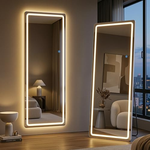 Antok Ganzkörperspiegel mit Beleuchtung, 161x50cm, LED Standspiegel in Volle Länge, Bodenspiegel mit Dimmen & 3 Farbbeleuchtungen, Freistehend, Lehnen, Hängespiegel für Schlafzimmer, Ankleidezimmer