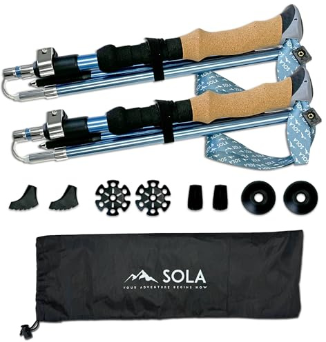SOLA Trekkingstöcke, leicht, zusammenklappbar, 7075 Aluminiumlegierung mit Anti-Schweiß-Kork-Griffen, ideal für Nordic Walking, Wandern und Camping, für Männer, Frauen, Senioren, 2 Stück pro Set