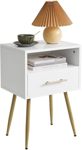 IBUYKE Mesita de Noche Moderna de Mediados de Siglo con Patas, Minimalista y práctica con Espacio de Almacenamiento de 2 Niveles, para Dormitorio, Sala de Estar, Blanco