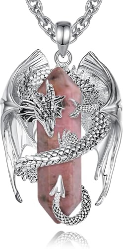 INFUSEU Kristall Drachen Kette, Nordischer Drache Gewickelter Zylinder Edelstein Kristall Anhänger Sechseckiger Heilkristall Anhänger Gothic Naturkristall-Schmuck Geschenk für Männer Frauen