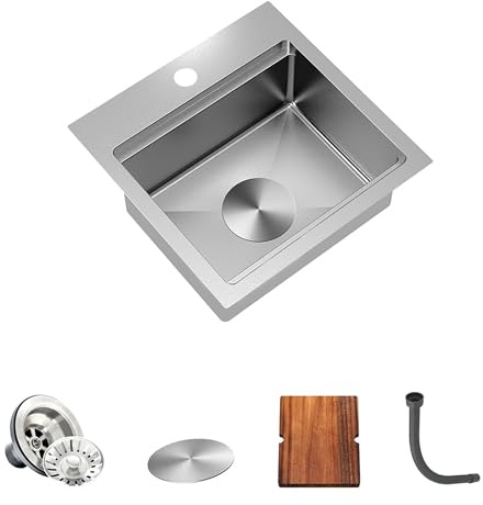 Torva RV Sink Stainless Steel Undermount Sink Square Inset Single Bowl | with Cutting Board - 15 CM Deep Bar/Prep Basin 38 x 38 x 15 cm