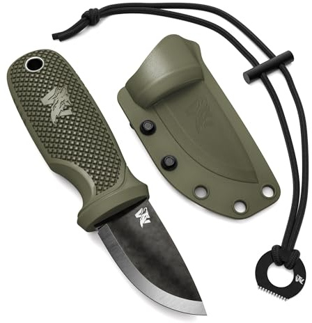 Odenwolf W-Mini 2 Neck Messer aus D2-Stahl - Feststehend mit Holster und Feuerstein - Outdoor, klein und handlich - Halskette