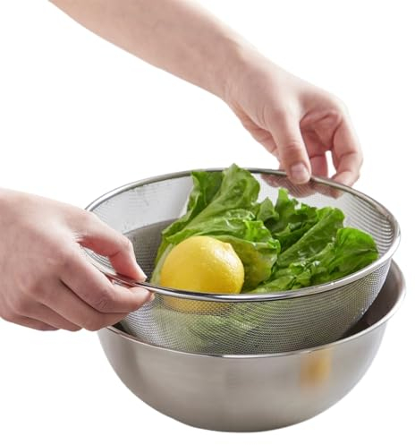 SPXTOM Set scolapasta Arrotondato, cestello scolapasta a Doppio Strato in Acciaio Inox, cestello scolapasta con Vasca, for Pasta, Spaghetti, Frutti di Bosco, insalate(19cm)