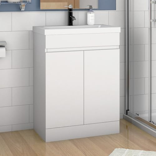 Acezanble 500mm Bathroom Vanity Unit With Wash Basin Resin Sink, 2 Double Door, High Gloss White, Cloakroom Storage Furniture Under Basin Cabinet, Floorstanding Cabinets