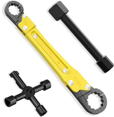Plumbing Tools Angle Stop Wrench Kit - 3-Piece Plumber Tool Set with Compression Sleeve Puller & 4-Way Sillcock Key - Fits 3/8 & 1/2 MPT Ferrule Removal Tool for Tight Spaces Under Sink-Yellow