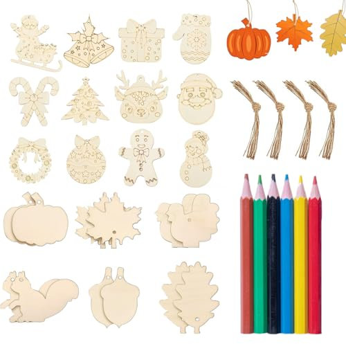 SULIUDAJI Bastelset Herbst 24 Stück Basteln Kinder Holzanhänger Zum Bemalen Bastelsets Für Kinder Mit Thanksgiving Und Weihnachten Diy Deko Kreativsets