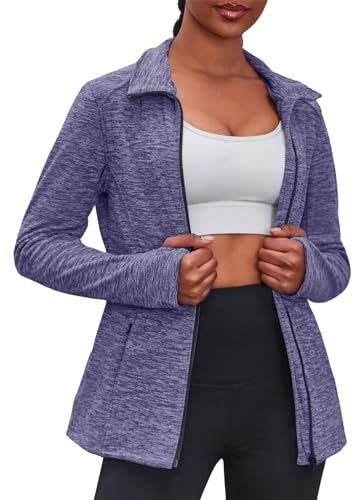 Fisoew Löparjacka för kvinnor, smal passform, sportjacka, långärmad träningsjacka, sweatjacka utan huva för yoga, fitness, lätt, ventilerande, full dragkedja, löpningsjackor, Activewear, funktionell