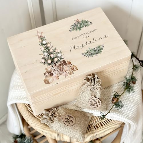 Manufaktur Liebevoll Adventskalender zum Befüllen, personalisierter Adventskalender Kinder Erwachsene Holzkiste DIY Weihnachtskalender Mädchen Jungen Sie und Ihn als Geschenk (Magdalena)