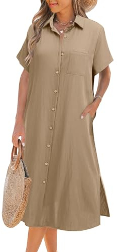 Zeagoo Donna Camicia Abito Cachi Manica Corta Camicetta con Bottoni Estate Spiaggia Blusa con Spacco Laterale Elegante Coprire Vestito M