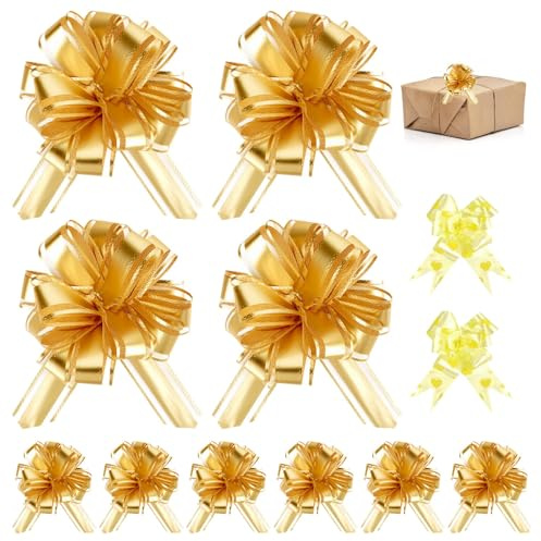 Große Geschenkschleife Gold,10 Stück 18cm Geschenk Schleife mit 2 Stück 9cm Klein Dekoschleifen, Pull Bow Geschenkbänder für Auto Schleifen, Hochzeitsfeier, Geburtstag Verpacken