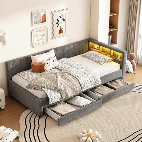 Polsterbett 90x200 mit 2 Schubladen & Lattenrost, Stauraum-Kopfteil mit LED & USB Ladefunktion, Sofabett Kinderbett Jugendbett Bettgestell Tagesbett Schlafsofa Gästebett Daybett, ohne Matratze, Grau