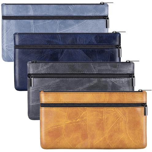 HAUTOCO 4 Stück Geldtaschen Banktasche PU-Leder Texturiert Bankmappe mit Reißverschluss 28 x 15.5 cm A5 Dokumente Zwei Taschen Geldmappe für Business Haushalt Schule, Multicolor