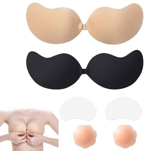 GZGRYTRC 2 PCS Sticky Bra Invisible Stick On Bra Strapless Ideal for Low Cut Dresses Weddings Parties and Events with Lifting Patches & Nipple Covers Black