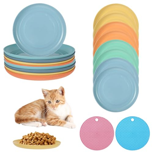 8 Stück Katzennapf Flach, Bunte Futternapf Katze Set, Runde Plastik katzenfutternapf mit 2 Antirutschmatten, Katzenschüssel Katzen napf Katzennäpfe Katzen Futternapf Katzenteller für Kätzchen & Welpen