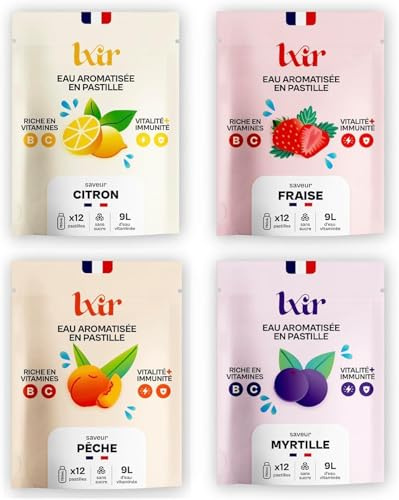 LXIR DRINK - Eau aromatisée en pastille sans sucre - Boisson multivitamines - Vitamines C et B - Hydratation quotidienne - Beauté de la peau - Vitalité - 48 pastilles - Citron/Fraise/Peche/Myrtille