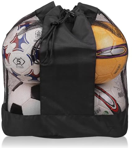 SacJkt Sacca Palloni Calcio, Borsa per Palline con Coulisse in Rete di Grande Capacità con Spallacci Regolabili, per Calcio, Pallacanestro, Pallavolo（Nero, S）