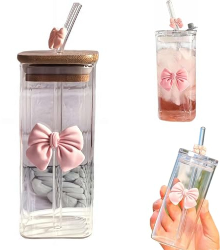 Cute Pink Bow Glass Cups with Lids and Straws, Aesthetic Iced Coffee Cup,Girly Preppy Design Tumbler Mug,400ML/13.5oz Drinking Glasses Gifts for Women Teen Girl Christmas Trendy Stuff (Bamboo Lid)