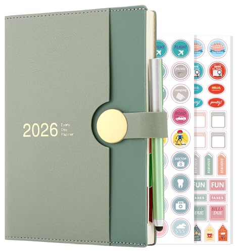 Academic Diary 2026 A5 Page a Day, from January 2026 to December 2026, 12 Months Daily Planner,Hardcover Diary with Pen (Green)