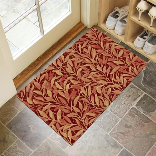 Salice Dorato Zerbino Ingresso Interno 50 X 80 Cm, Zerbino Entrata Ingresso Con Fondo Antiscivolo Tpr, Morbido Tappeto Ingresso Per Casa O Ufficio, Rosso Intenso Piante Dipinte A Mano