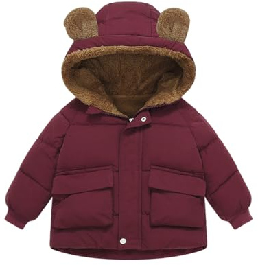 Doudoune Garçons Manche Longue Hauts Chaud Rembourrée Manteaux À Capuche Enfants Couleur Unie Coupe-Vent Fermeture Éclair Avec Oreilles D'ours Chapeau Veste D'hiver Résistant À L'eau Blouson 1-6 Ans