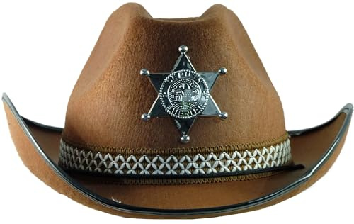 TrendandStylez Kinder Cowboyhut Braun mit Sheriff-Stern – Western Hut für Jungen & Mädchen – leichter Filz-Kinderhut mit Zierband – Kostüm Zubehör für Karneval, Fasching, Motto-Party & Geburtstag