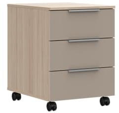 SANTORIN Rollcontainer Schreibtisch Büroschrank Cashmere Riva Eiche | 45 x 61 x 55 cm (B/H/T), Büro, 3 Schubladen, Glasfronten, 4 Rollen davon 2 mit Bremse, Metallgriffe, mit Stauraum