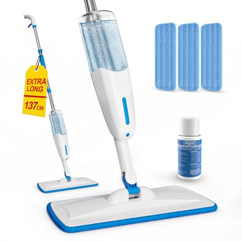 Enigma 137cm Spray Mop with 3 Washable Pads and 30ml Concentrated Starter Cleaning Solution，Wet & Dry Use Refillable Bottle Ergonomic Design for Hard Floors Laminate Wood Tile Marble, Vinyl