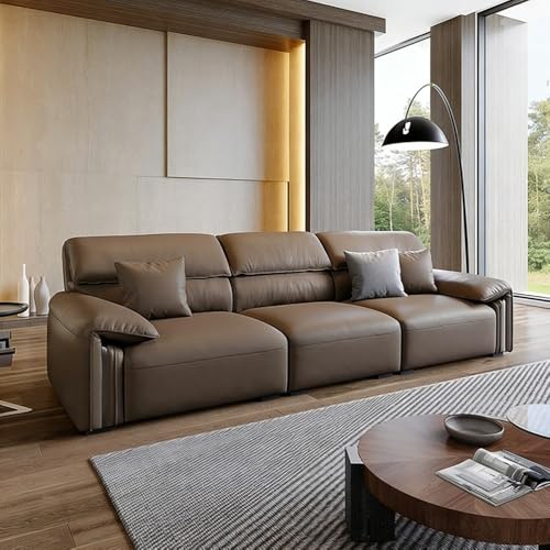 Italiensk ljus lyxig enkel ljusbrun lädersoffa, rymlig och mjuk soffa med massiv träram, modern stor storlek, lämplig för vardagsrum/kontor/lägenhet.