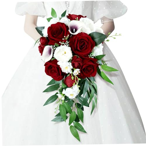 Peosaard Wedding Bouquet, Wedding Bouquets for Bride, White Wine Red Calla Lily and Rose Bouquet, Artificial Rustic Waterfall Cascading for Ceremony, Bride Bouquets