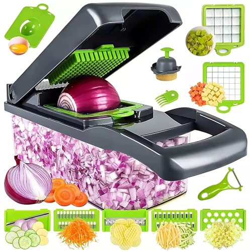 MEHZU Vegetable Chopper, 16 in 1 Food Slicer, Onion Chopper, Mandoline Vegetable Slicer, Cutter, Spiralizer, 8 Interchangeable Stainless Steel Blades, Includes a Food Storage for Kitchen