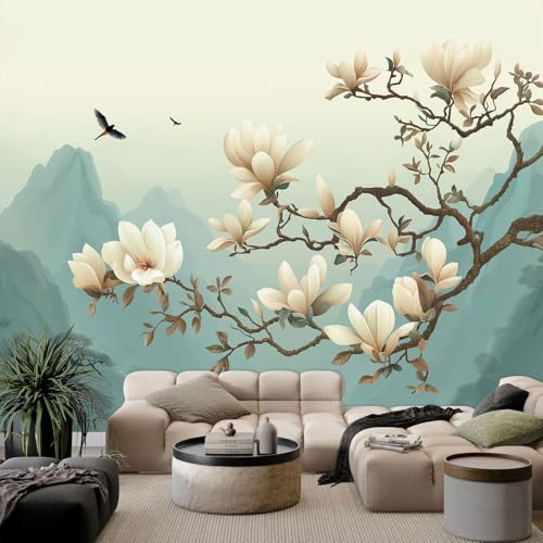 Pintura De Paisaje China Murales Papel Pintado Montañas Plantas De Magnolia 200 x 140 cm Fotomurale Tejido No Tejido, Verde Papel Tapiz Fotográfico - Salon Dormitorio Oficina Hotel Decorativos Murales