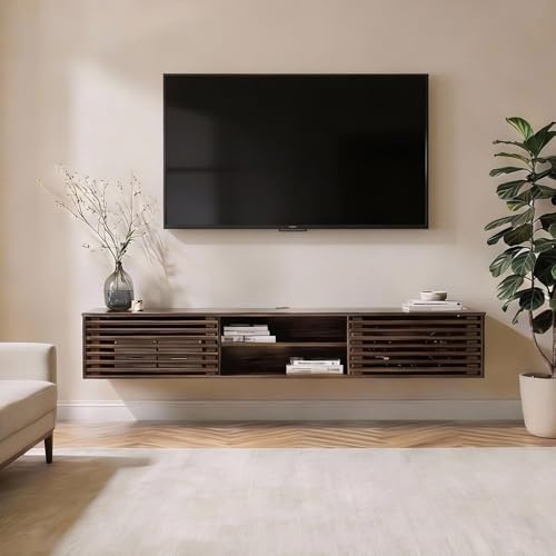 IDIMEX Lowboard RIAN, 175 cm hängend aus Massivholz, Nussbaum Finish - TV Schrank mit Lamellentüren, Wohnzimmermöbel im Mid Century Style, Wandmontage ideal für Fernseher [max. Belastbarkeit 50 kg]