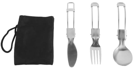 EXAOMBLE Ensemble 3 Pièces Couverts Pliables Portable en Acier Inoxydable Solide Léger avec Pochette Compacte Réutilisable pour Camping Randonnée Plein Air