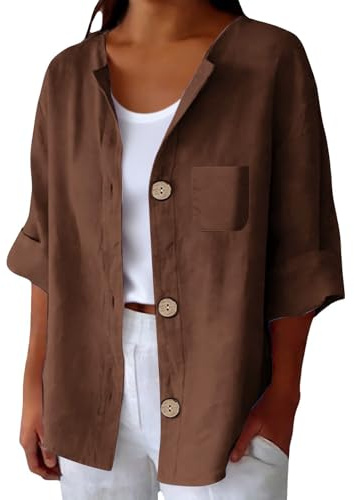 Camicia Lino Donna Maniche Tre Quarti Girocollo Estiva Moda Camicie Elegante Blusa Casual con Bottoni e Tasca Camicetta da Spiaggia Classico Leggera Comoda Lavoro Viaggi Uso Quotidiano