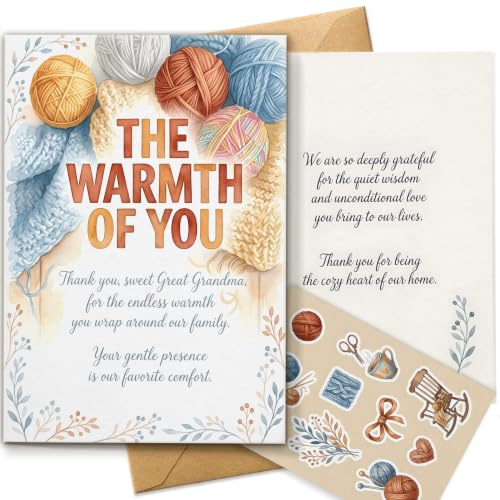 AIROW tackkort för Great Grandma, Warmth of You Gratitude Greeting, standard A5-storlek, akvarell stickat garn originaldesign, inkluderar premium kraftkuvert och matchande klistermärkesark