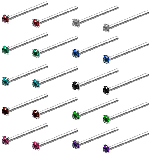 Kurtzy Nasenpiercing Stecker (20Stk) – 1,8mm Nasenstecker Nostril Stecker Edelstahl Nasenpiercing Schmuck – Kristall Stecker Mehrfarbig für Ohr, Tragus, Nase, Labret, Ohrleiste, Lippen – Herren&Damen