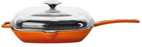 LAVA Cookware Bistecchiera con Manici in Metallo e Coperchio in Vetro, Dimensioni 28 x 28 cm, ghisa, Colore: Arancione, 28 cm
