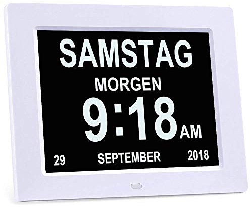 8 Zoll Digital Wecker, Digitaler Kalender Tag Uhr, Wecker Mehrere Modi mit Erinnerungsfunktion für Senioren, Demenz z.B. Alzheimer Patienten, Großer Schrift Elektronischer Kalender Tag Uhr - Weiß