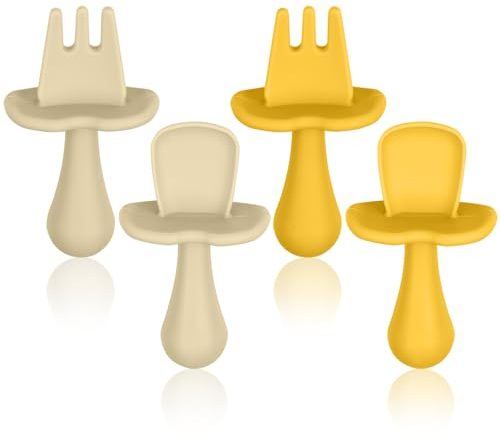 Vicloon Baby Fork and Spoon Set, 4Pcs Infant Silicone Self Feeding Utensil Easy Grip Toddler Cutlery Kit, Baby Weaning and Feeding Spoons for Infant Toddler Children First Led Training Weaning