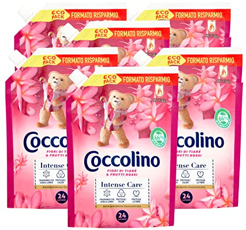 6x Coccolino Intense Care Ammorbidente Concentrato Profumo di Fiori di Tiarè e Frutti Rossi 144 Lavaggi Totali - 6 Flaconi da 600 ml Ognuno