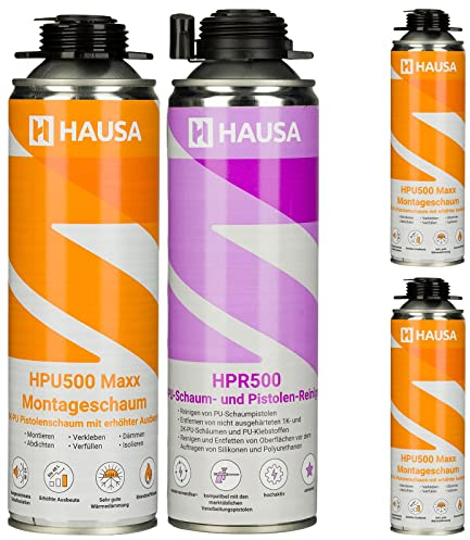 HAUSA Bauschaum-Set 3x Montageschaum 500ml grau inkl. 1x Pistolen-Reiniger 500ml; Pistolenschaum zum Verfüllen Dämmen Abdichten, extrem hohe Ausbeute, ausgezeichnete Dämm- & Isoliereigenschaften