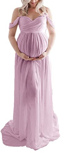 Loalirando Vestido de Premamá para Sesión Fotográfica de Gasa de Seda Ligero, Vestido de Maternidad Maxi-Largo con un Hombro al Aire para la Fotografía, rosa morado, M