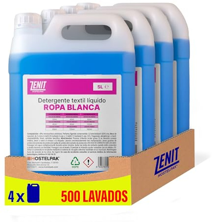 Hostelpak | 4 x 5L - Detergente líquido Ropa Blanca, Lavandería profesional, Detergente ropa clásico, Detergente para el lavado de ropa