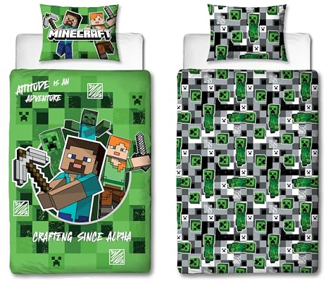MINECRAFT Official Single Duvet Cover Set | Block Check Gaming Design Reversible 2 Sided Bedding Including Matching Pillow Case | Single Bed Set