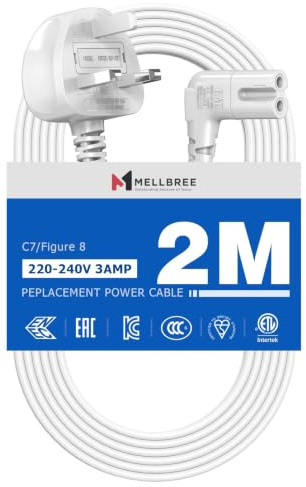 2M Power Cable Compatible with Samsumg TV, Mellbree Quality Safe Right Angle Suitable for Awkward Space Figure 8 Power Cable Compatible with Samsung, LG, Panasonic TV White